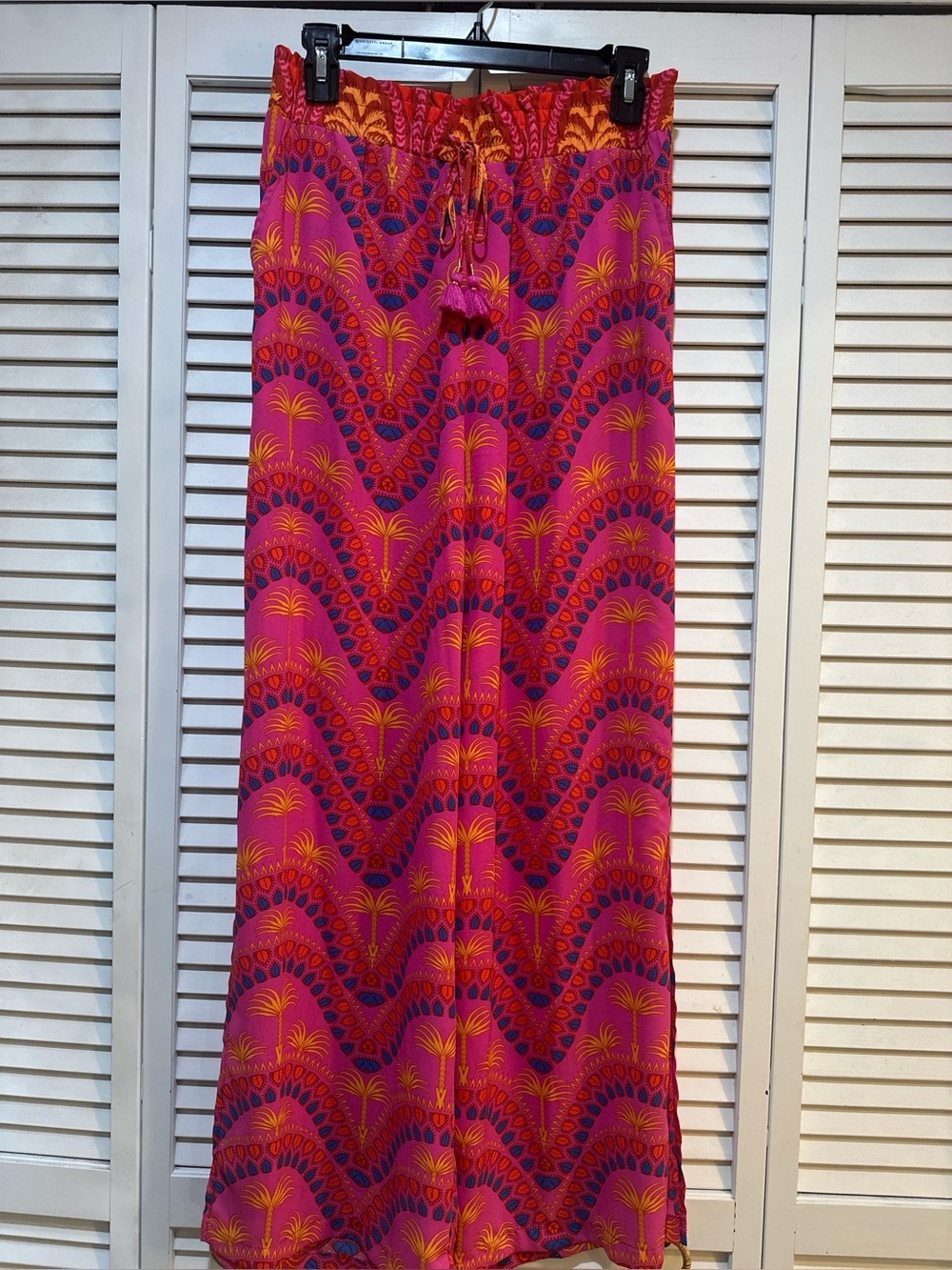 Tropical Palm Print Wide Leg Palazzo Pants Boho Resort Vacation Pink Small - Picture 8 of 11